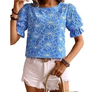 Sky Blue Eyelet Flower Embroidery Short Puff Sleeve Blouse New